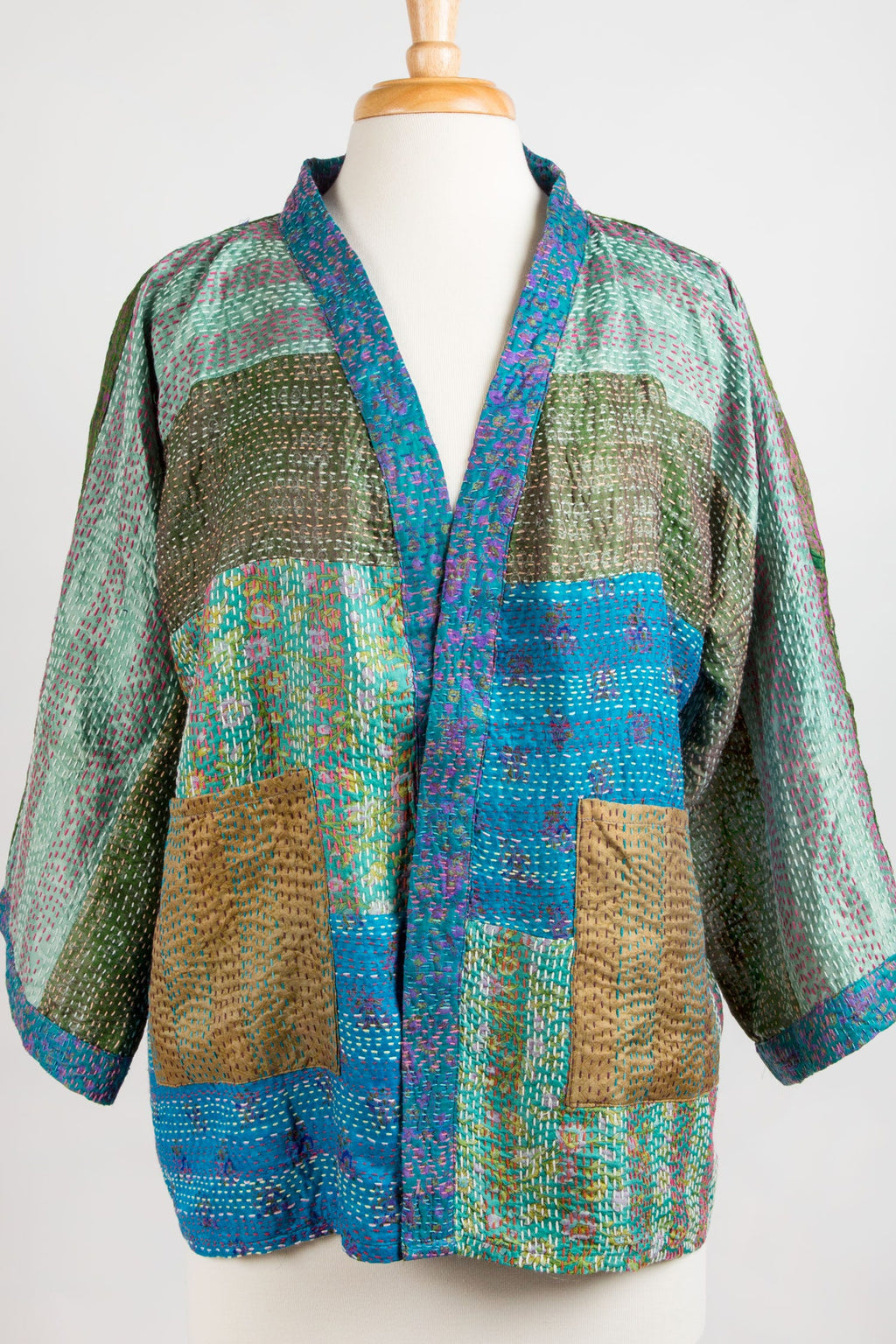 Kimono stitched upcycled sari 26L teal/green/multi