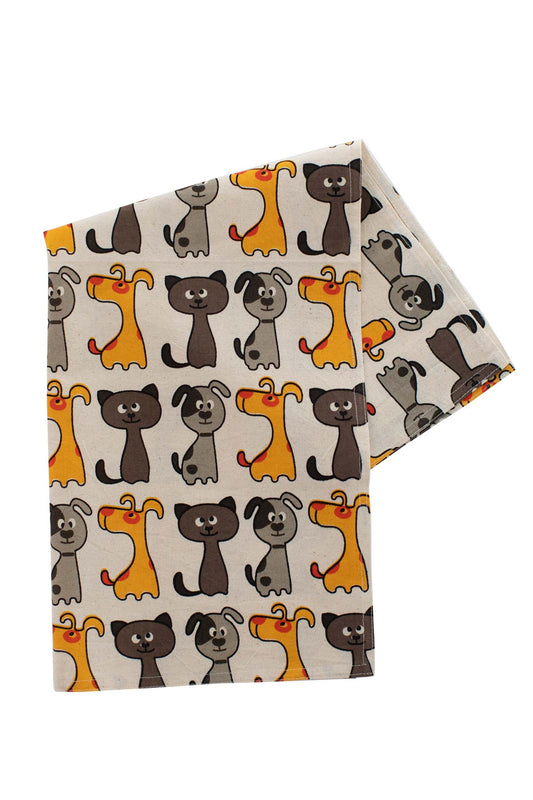 Tea towel dogs/cats M/3 cotton 18x24 crm/brn/yel