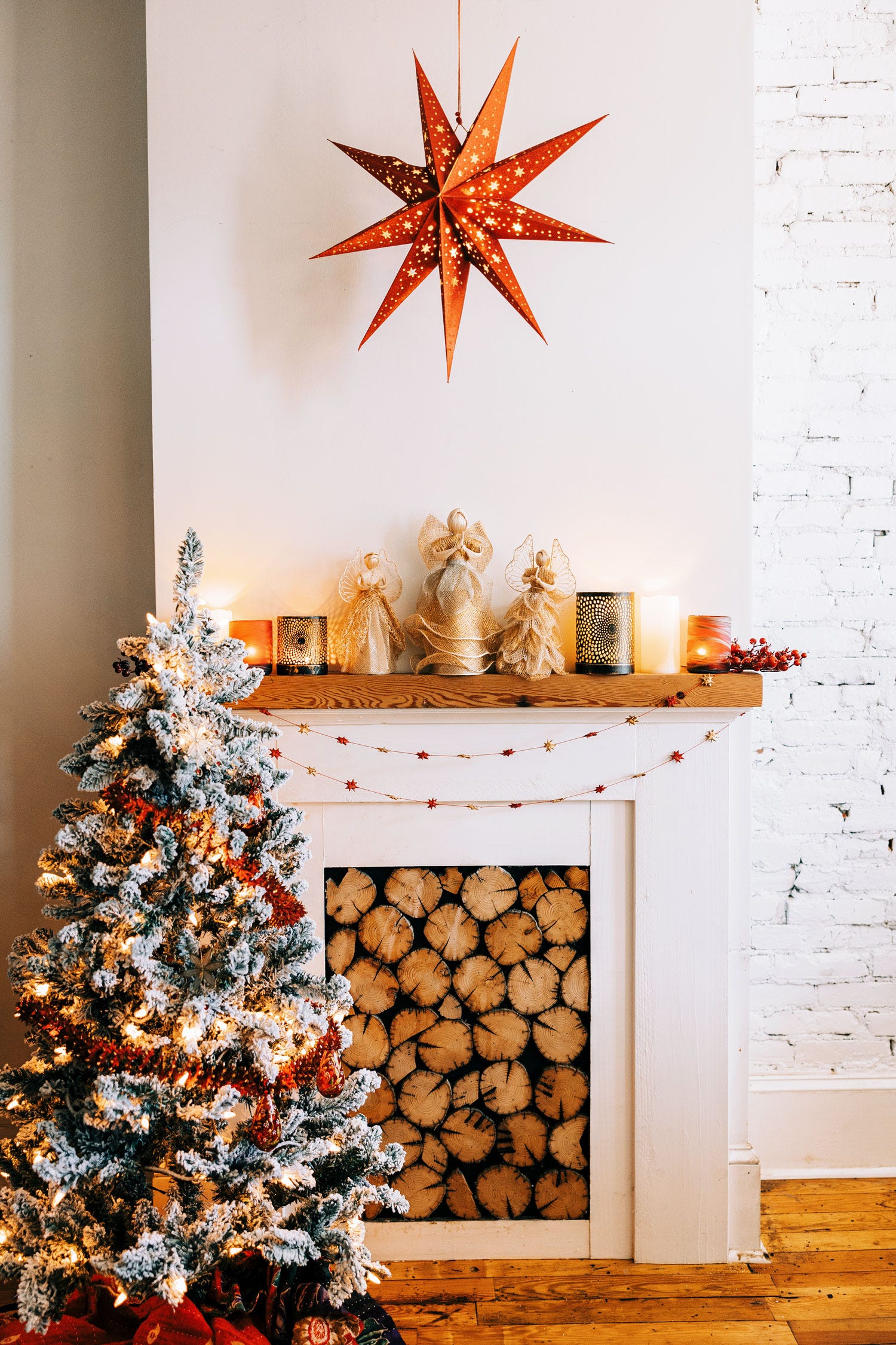 Garland stars stuffed cotton/beads 85L red/orng