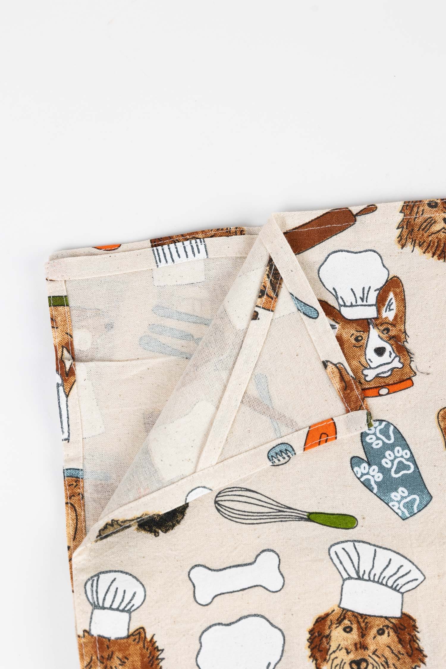 Tea towel dog chefs M/3 cotton 18x24 crm/brn/grn