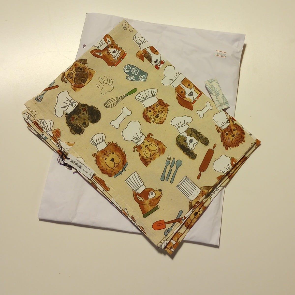 Tea towel dog chefs M/3 cotton 18x24 crm/brn/grn