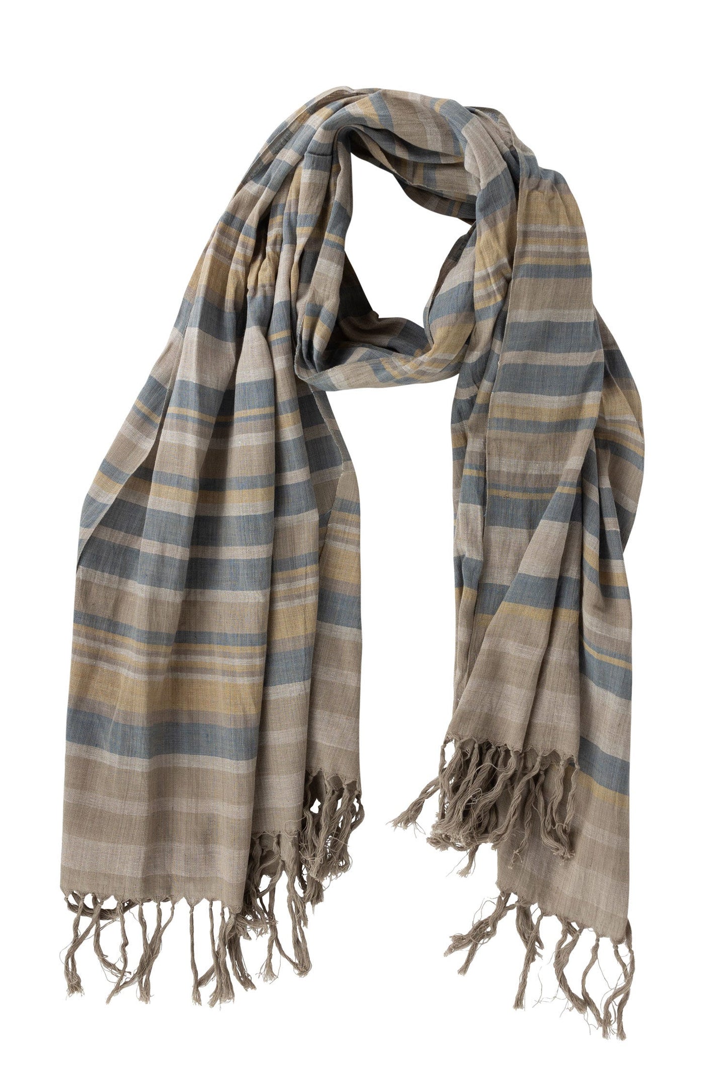 Scarf asst autumnal stripes cttn 74x28 tan/blu/yel