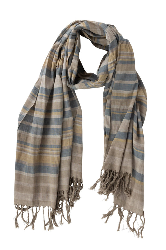 Scarf asst autumnal stripes cttn 74x28 tan/blu/yel