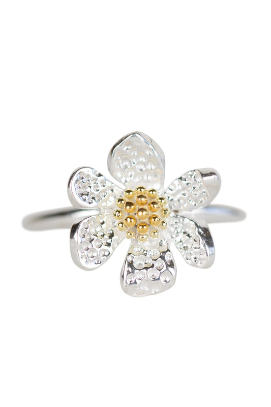 Ring flower w/6 petals .5D brass .75D silver