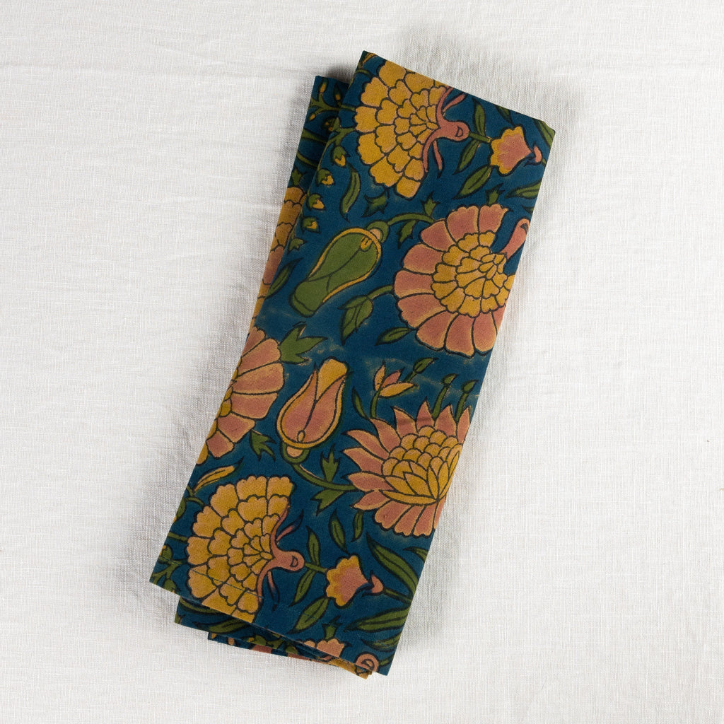 Napkin large floral M/4 cttn 20sq dk teal/yel/grn