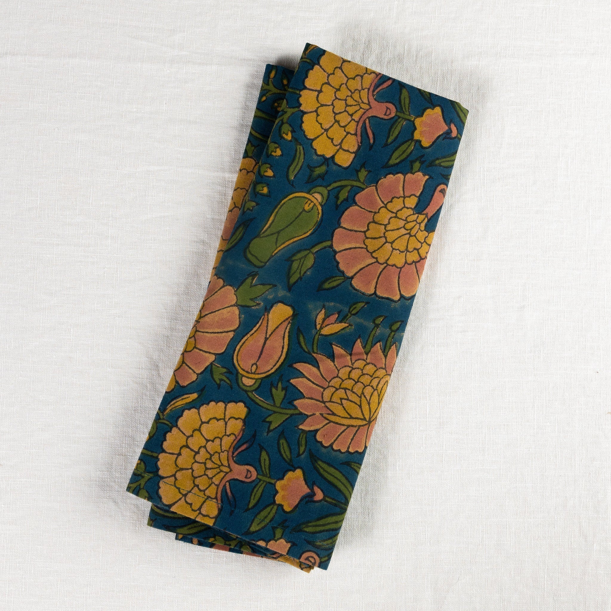 Napkin large floral M/4 cttn 20sq dk teal/yel/grn