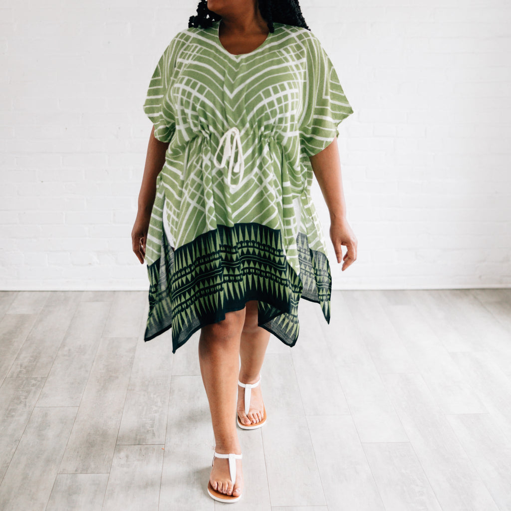 Kaftan short w/geo border viscose 36L grn/blk