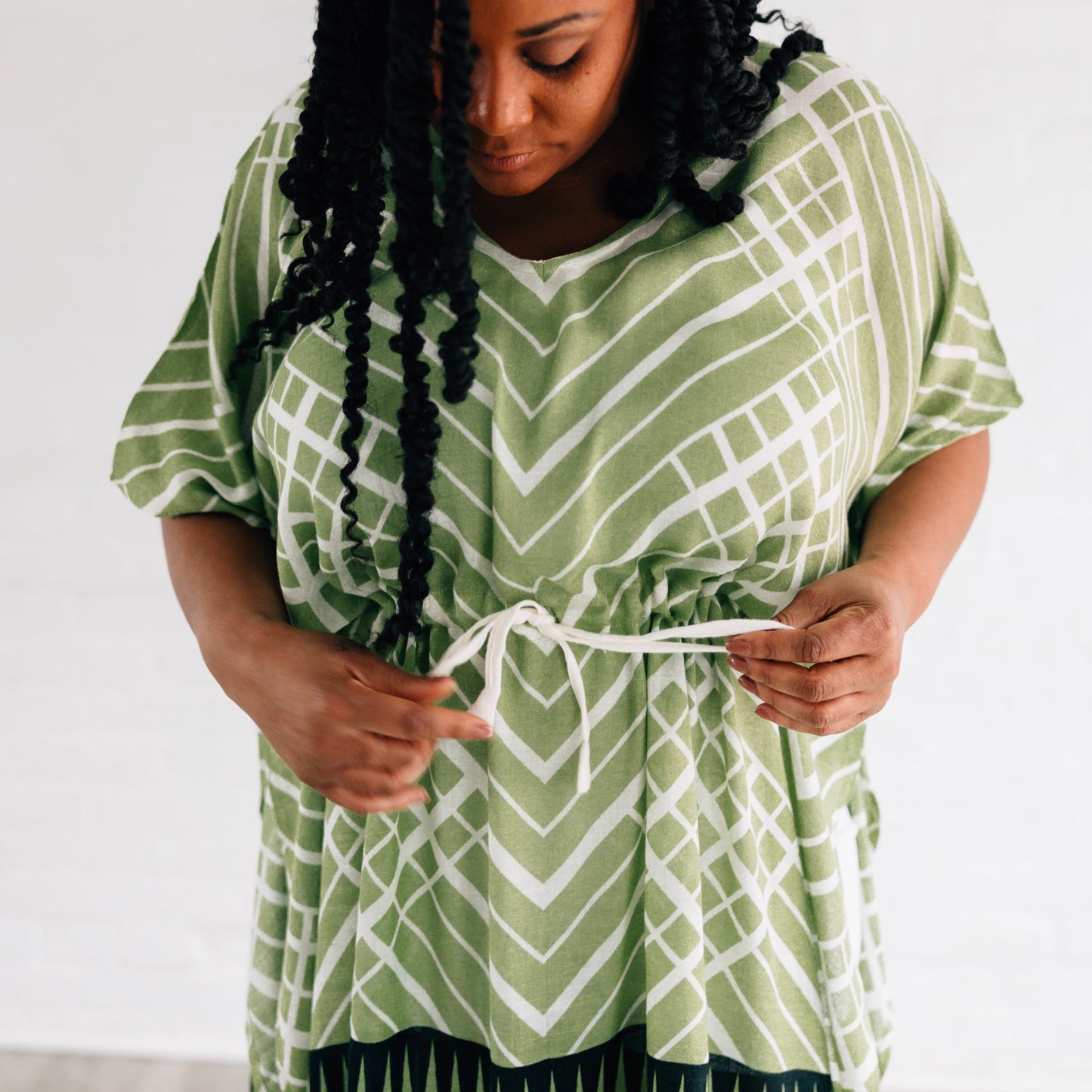 Kaftan short w/geo border viscose 36L grn/blk