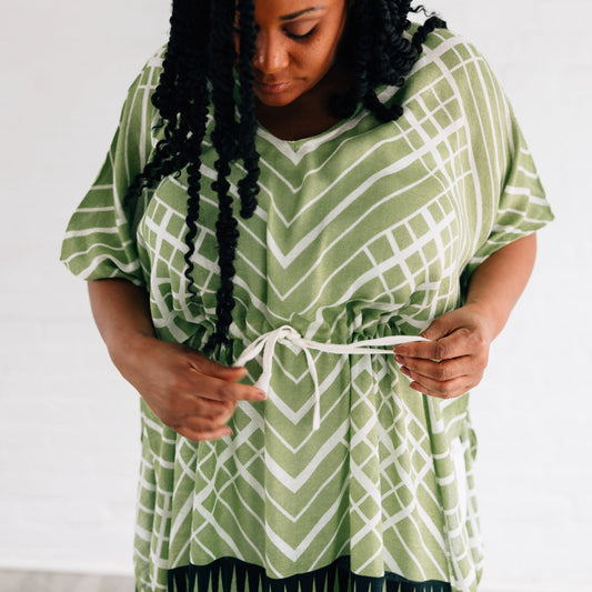 Kaftan short w/geo border viscose 36L grn/blk