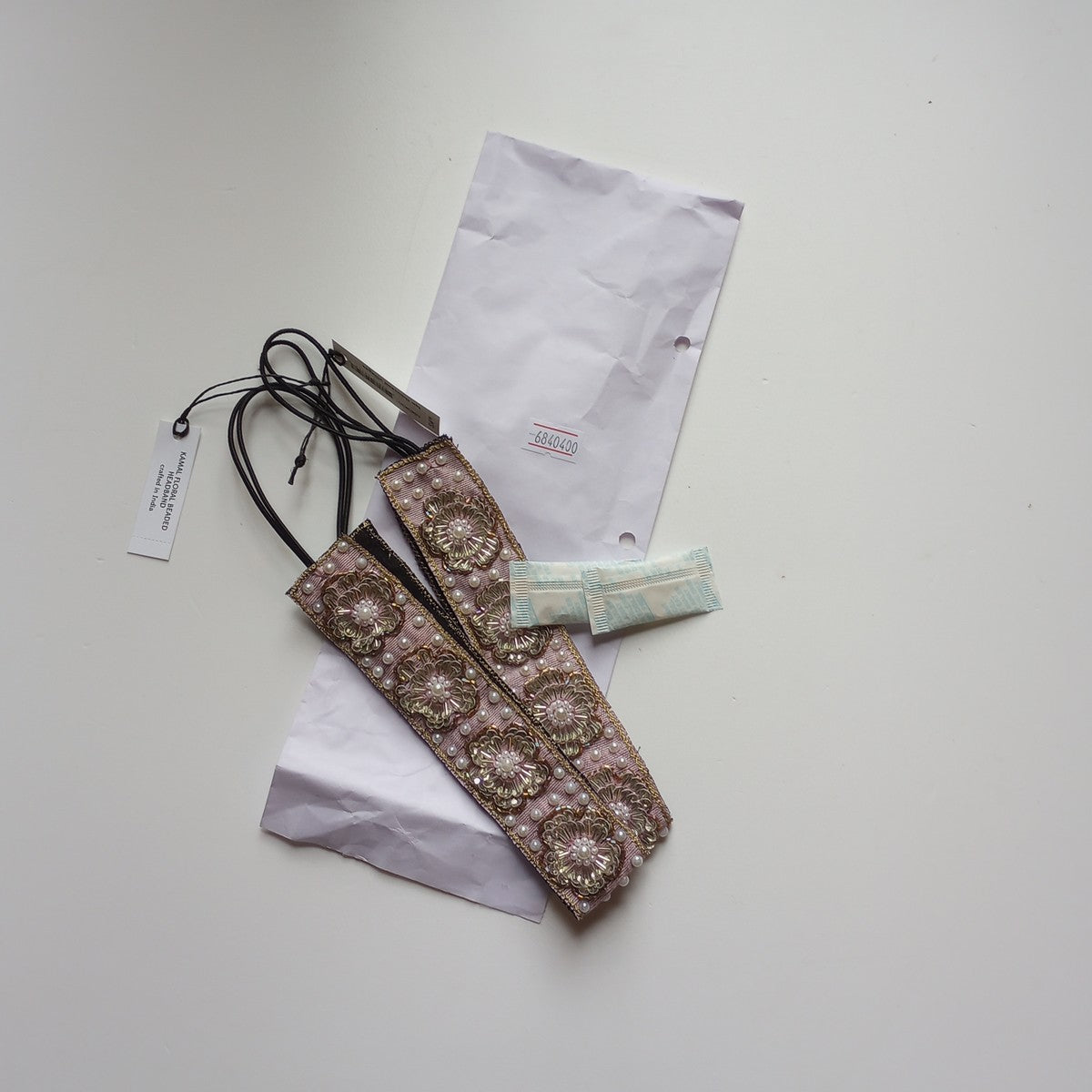 Headband beaded M/2 silk/glass 1.25W lav/gld/blk