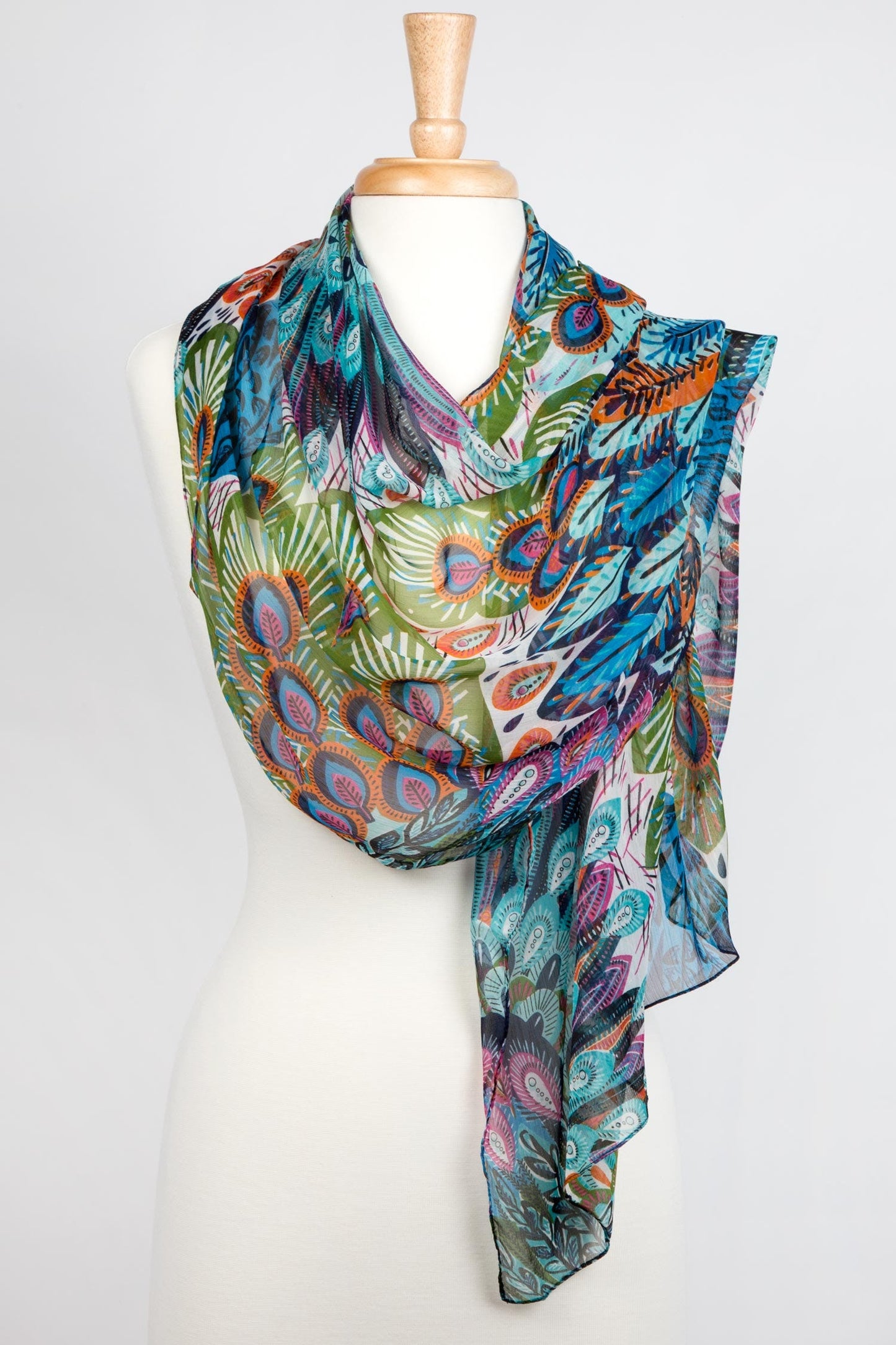 Scarf peacock Polyester 72x21 teal/black/orange