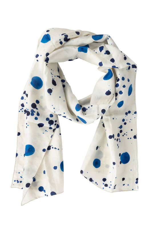 Scarf ink splatters silk 70x13 white/blue