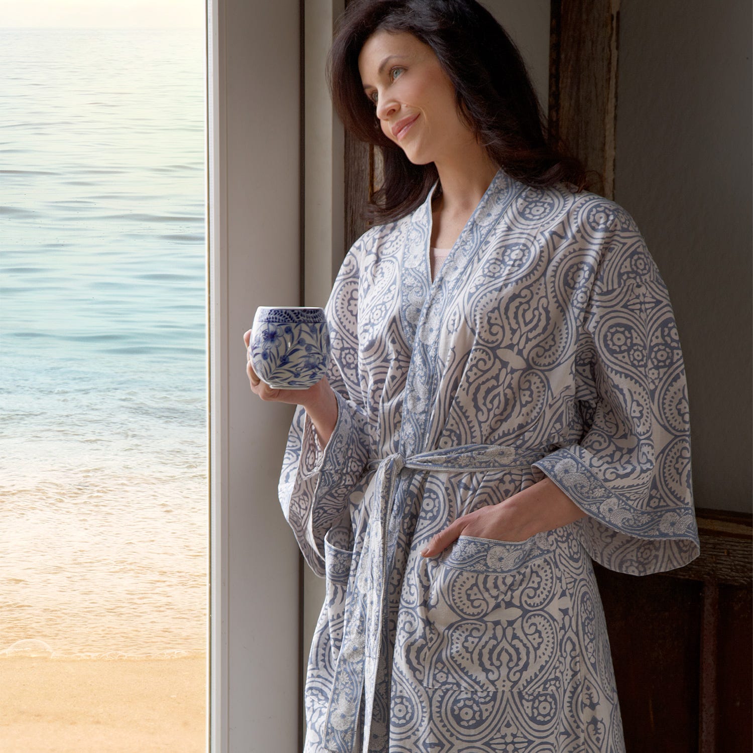 Bathrobe cotton adult 45L blue/white