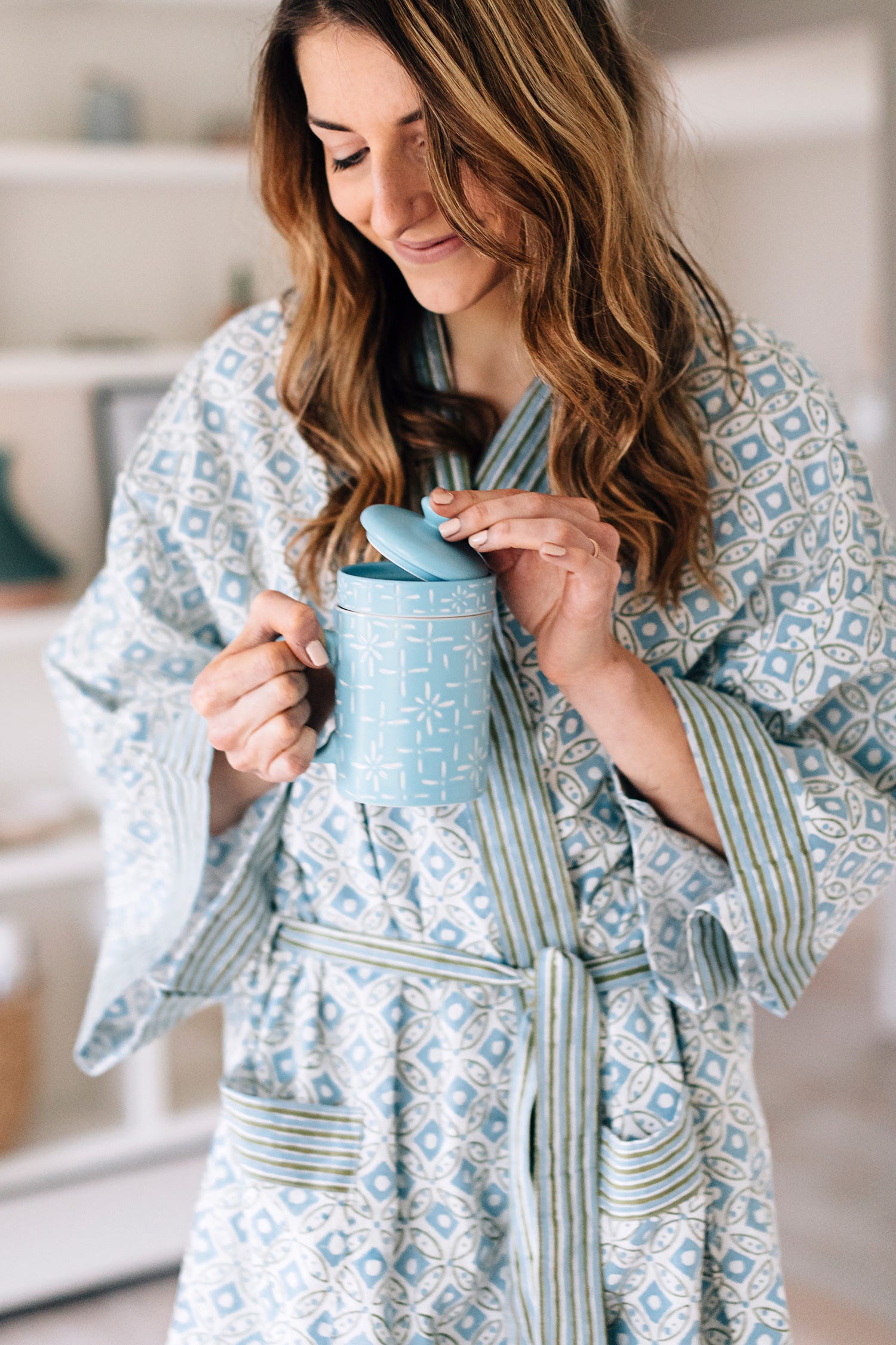 Bathrobe cotton 40L crm/blu/olv