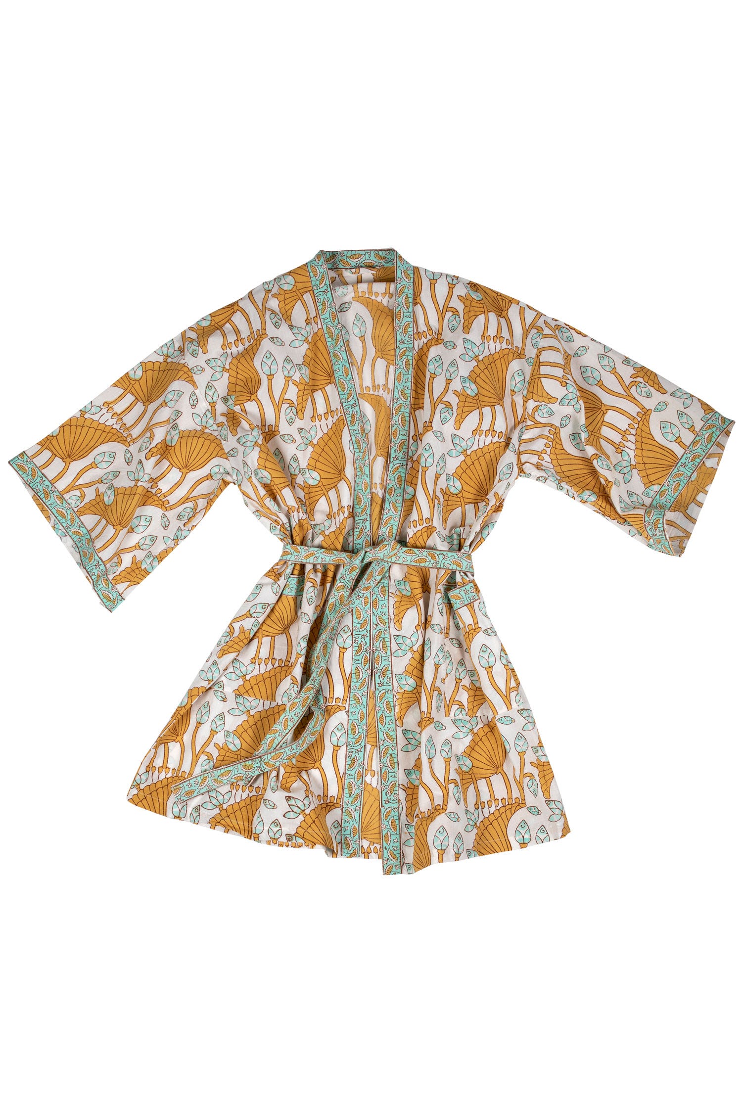 Bathrobe lotus flowers cotton 40L mustard/teal