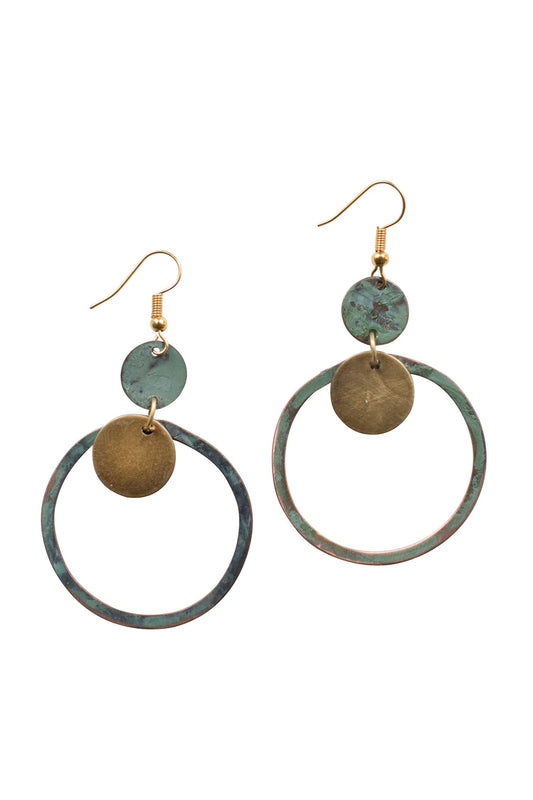 Earrings hoop/disc oxidized copper 2.75L br/green
