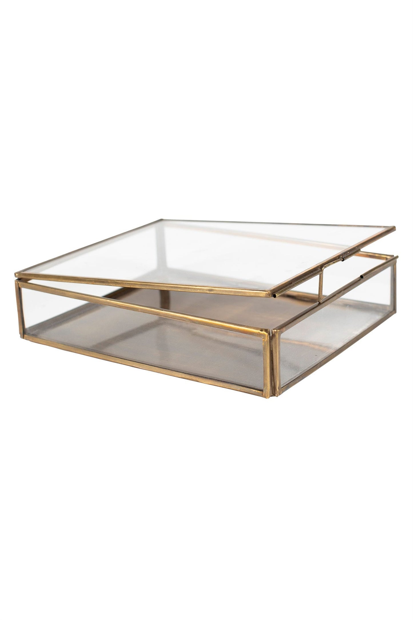 Jewelry box hinged lid glass/metal 8x6x2H brass