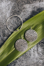 Earrings large disc embossed metal 2D silver/black