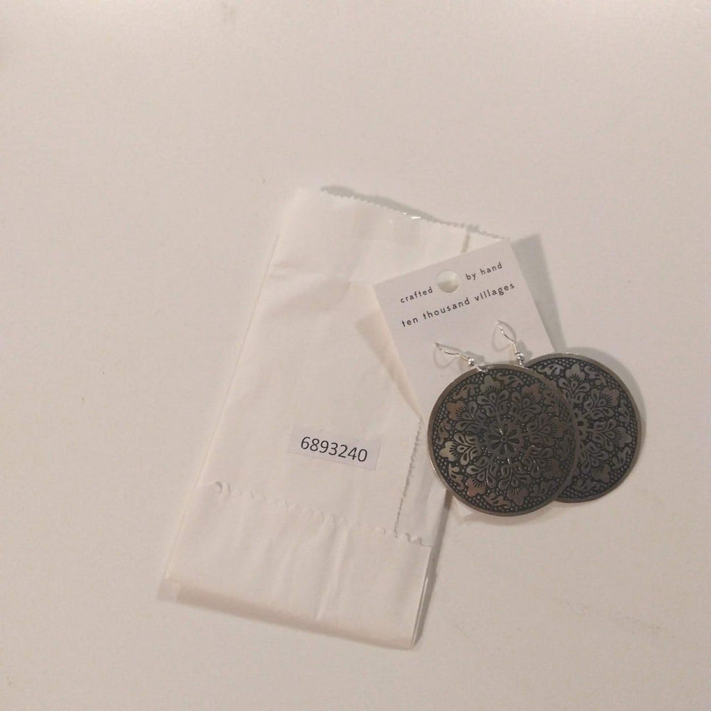 Earrings large disc embossed metal 2D silver/black