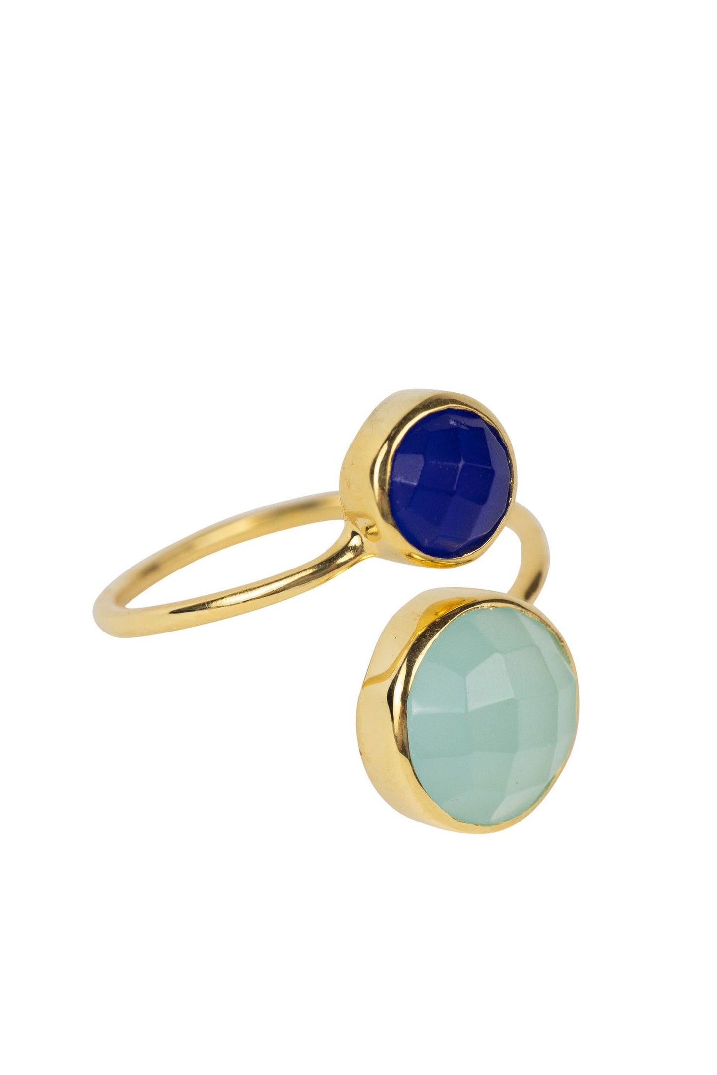 Ring double stone chalcedony/brass adj blu/grn/gld