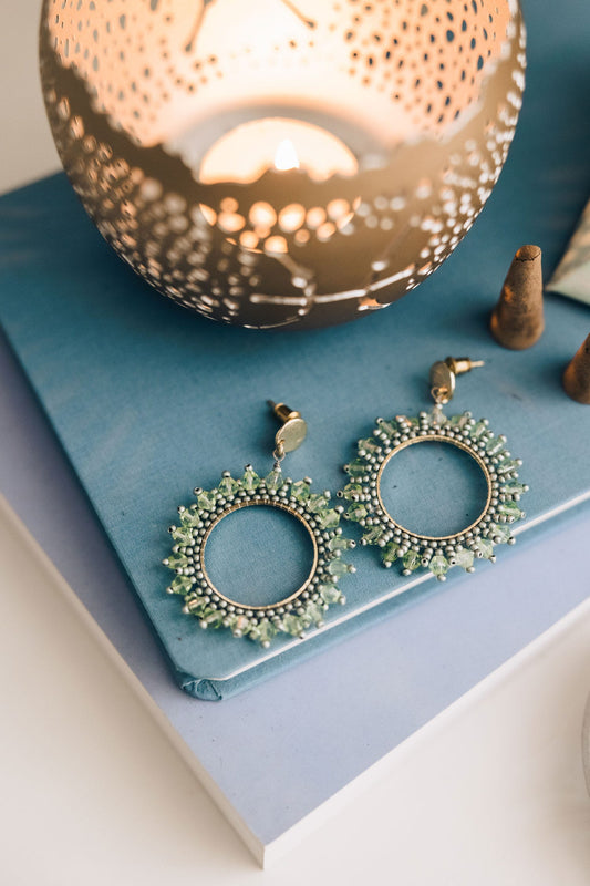 Earrings post beaded spiked circles 1.5D aqua/gold