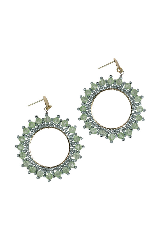 Earrings post beaded spiked circles 1.5D aqua/gold