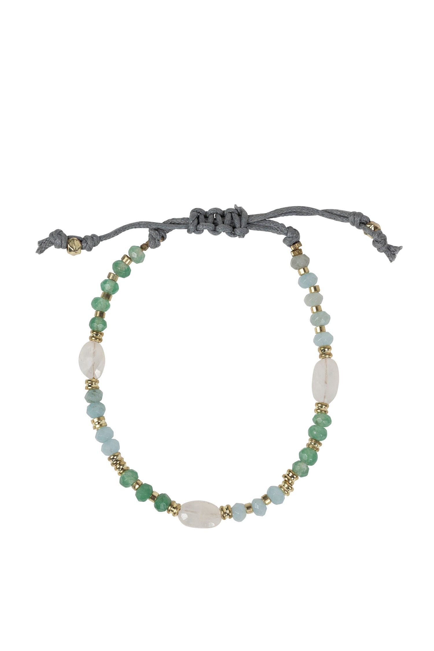 Bracelet moonstone/onyx cttn cord adj wht/aqua/gld