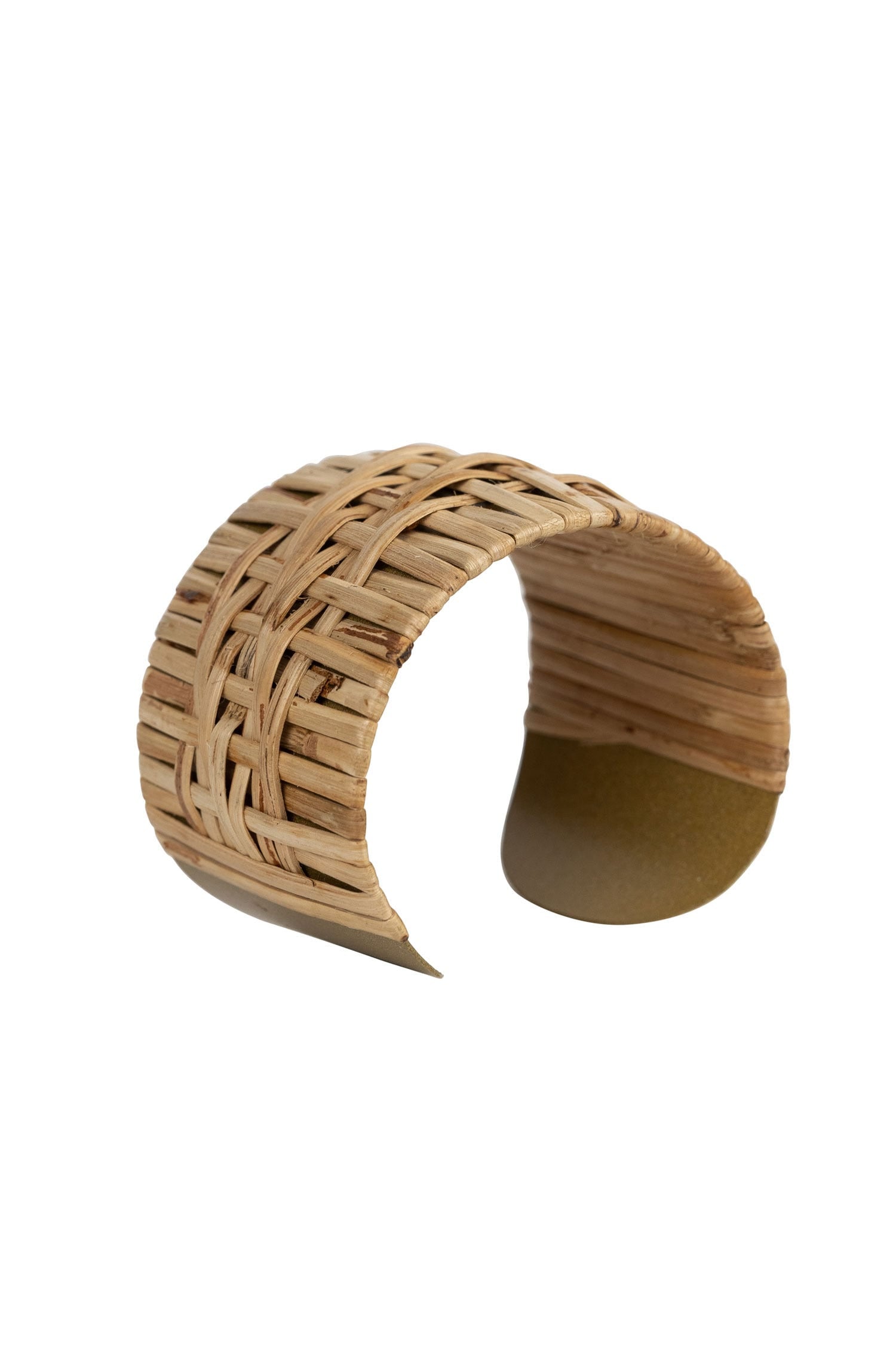 Bracelet cuff wide woven cane/metal 2W tan/gold