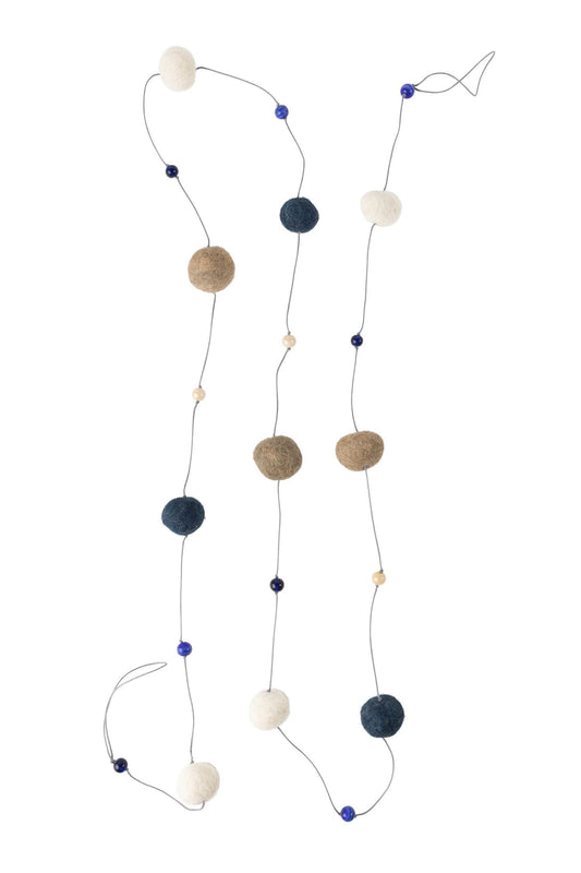 Garland balls/beads felt/glass 82L tan/blu/wht