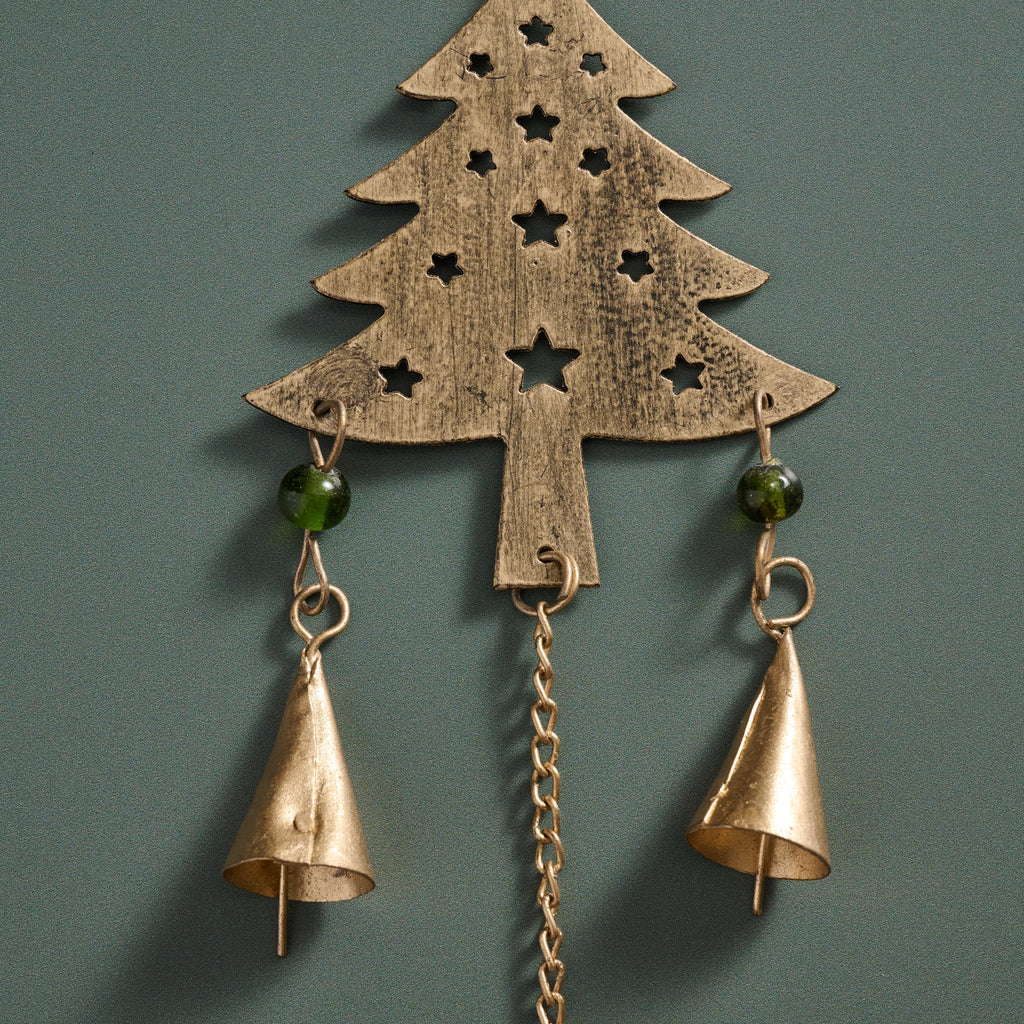 Chime four trees recycled iron/glss 35L brss/grn