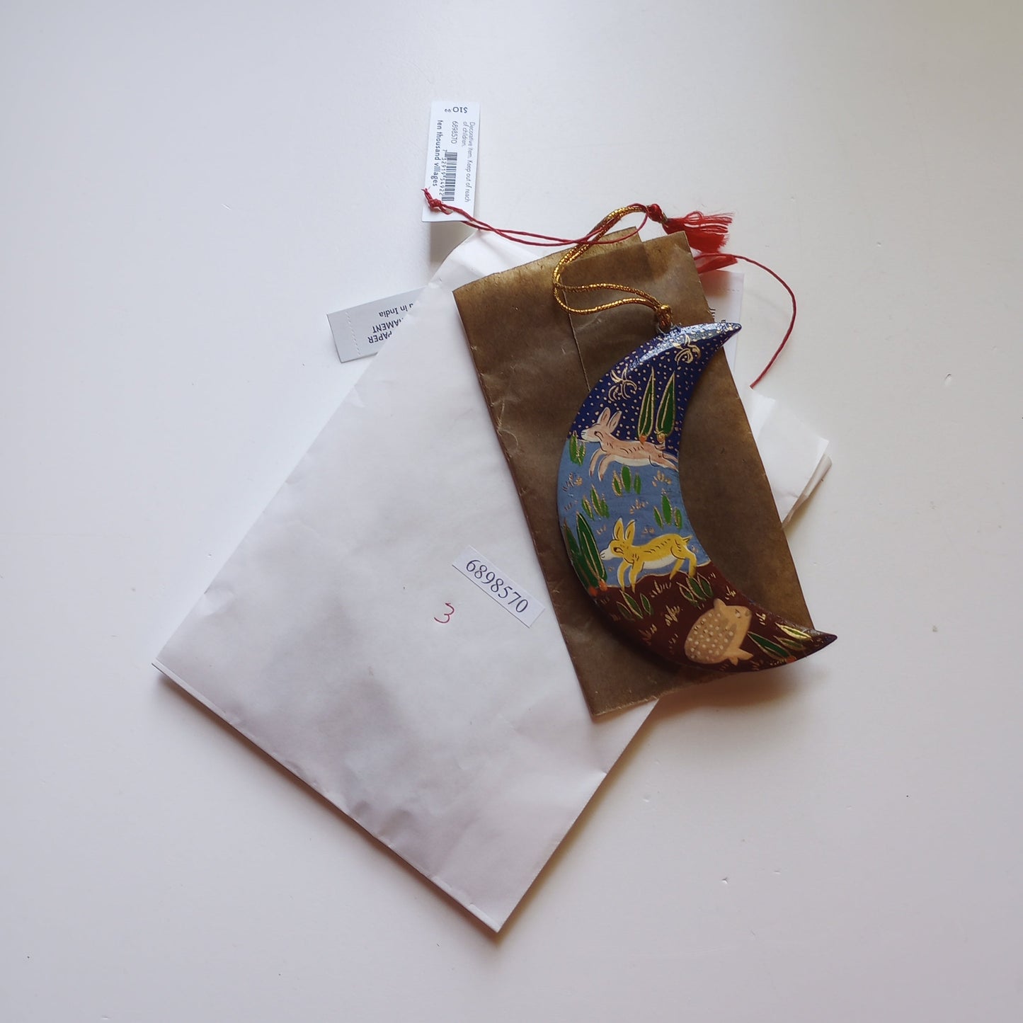 Ornament moon M/3 printed paper mache 4H blu/multi