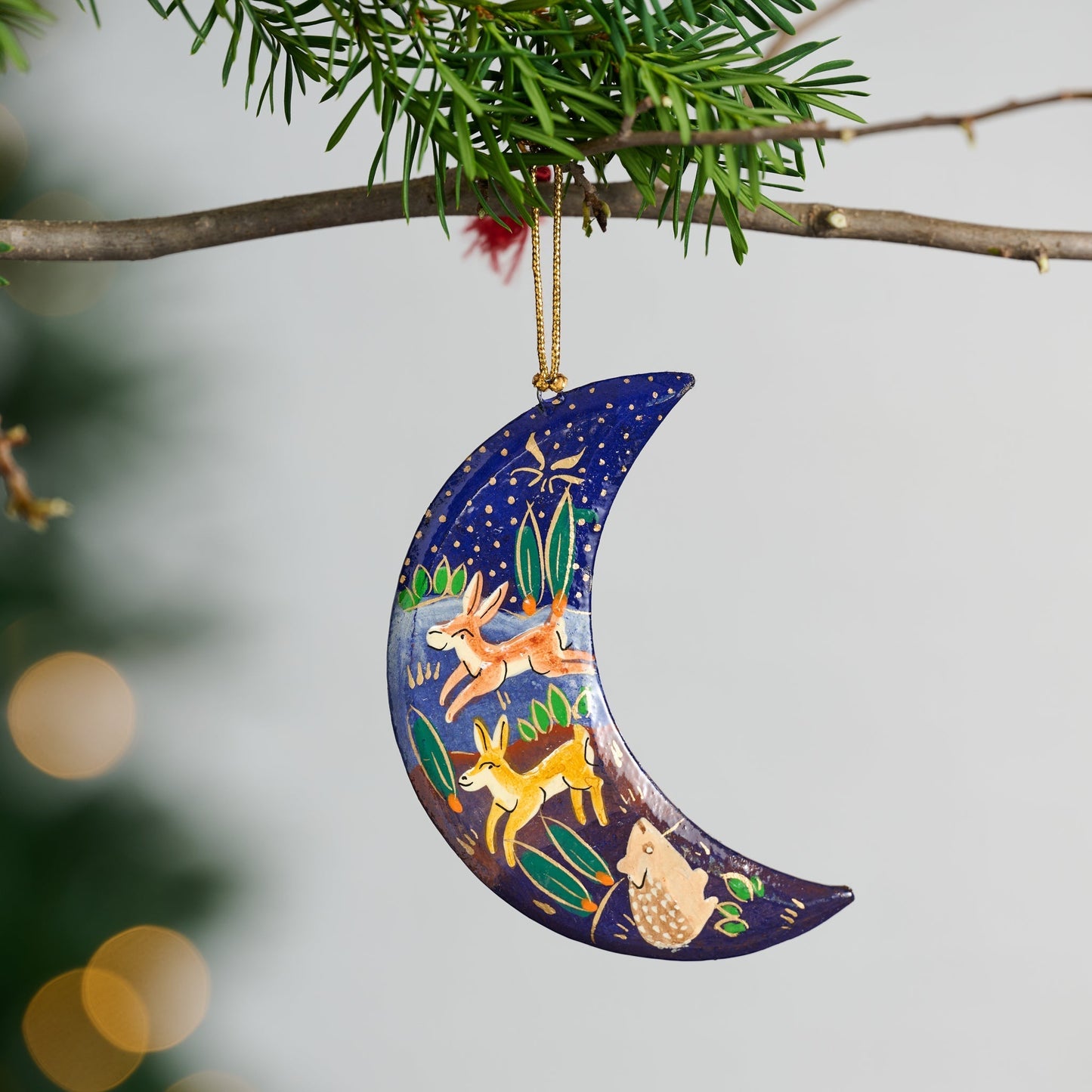 Ornament moon M/3 printed paper mache 4H blu/multi