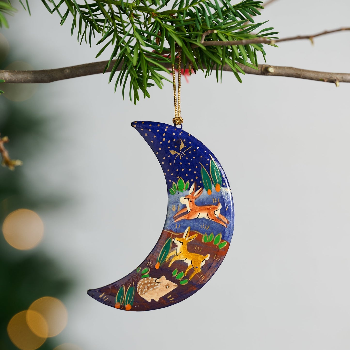 Ornament moon M/3 printed paper mache 4H blu/multi