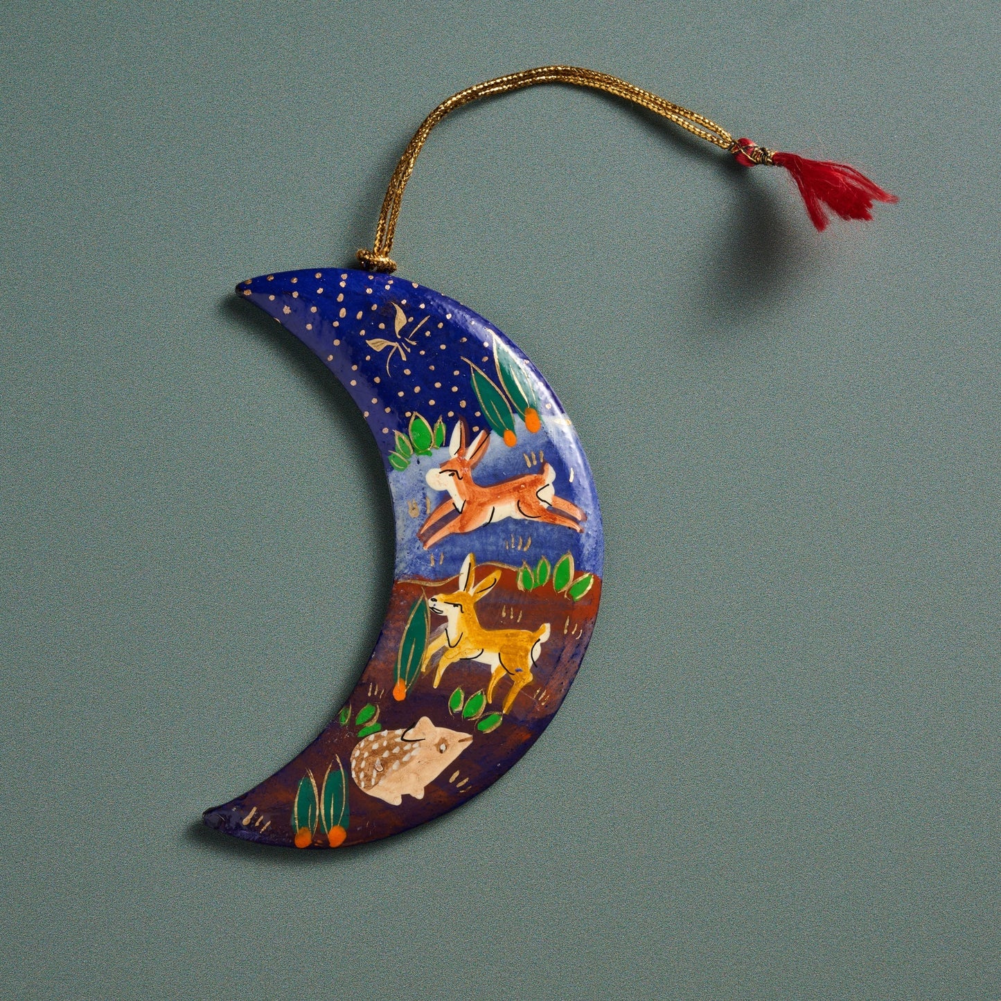 Ornament moon M/3 printed paper mache 4H blu/multi
