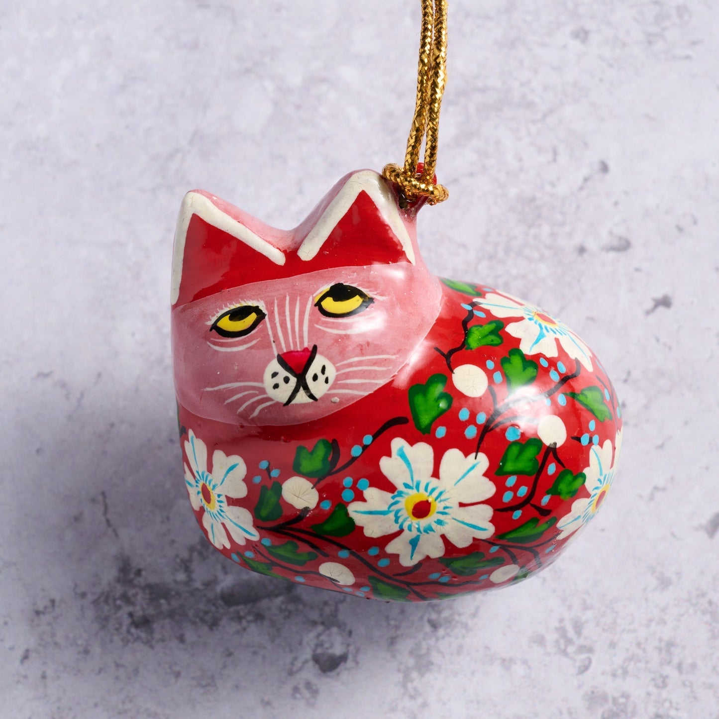 Ornament cat M/3 painted paper mache 2W red/multi