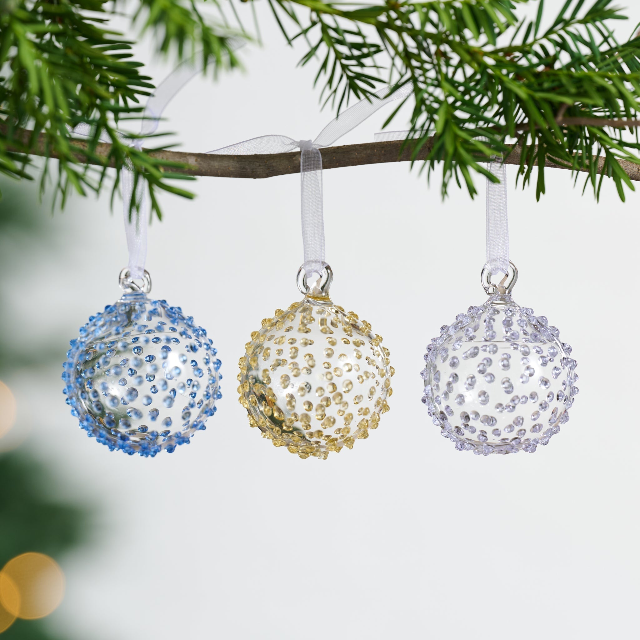 Ornament balls S/3 blown glass 2D silv/gld/blu