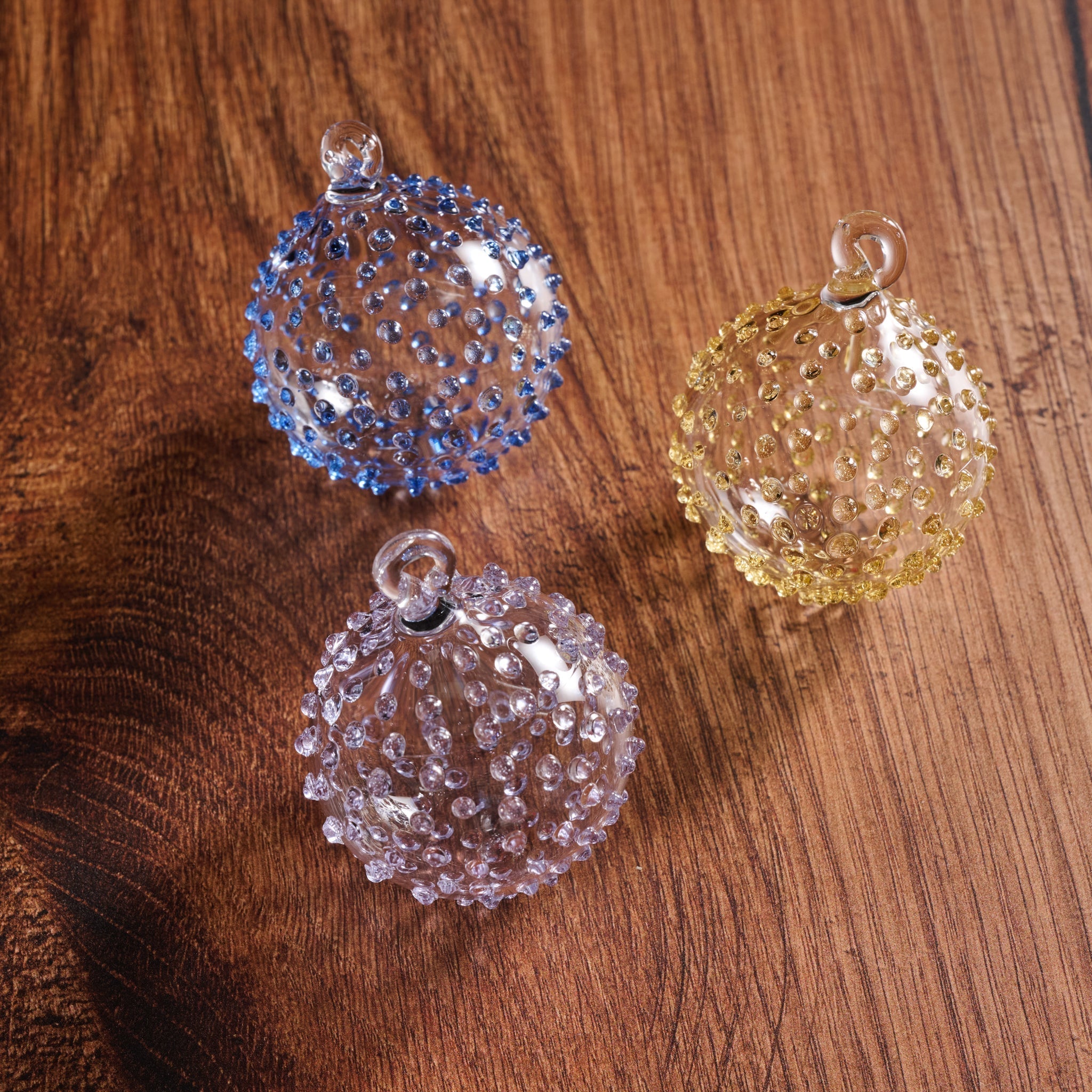 Ornament balls S/3 blown glass 2D silv/gld/blu