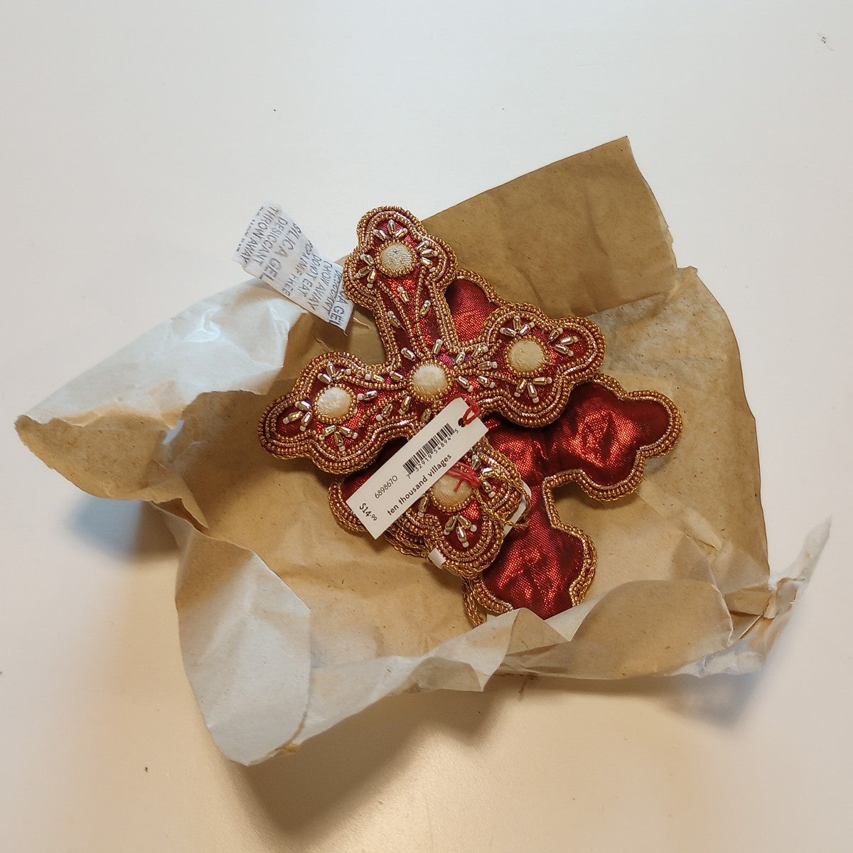 Ornament cross M/2 stuffed satin/poly 5.5H red/gld