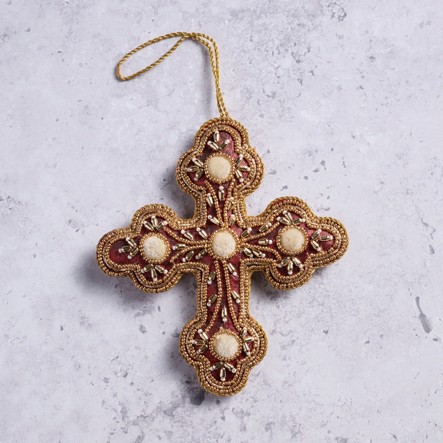Ornament cross M/2 stuffed satin/poly 5.5H red/gld