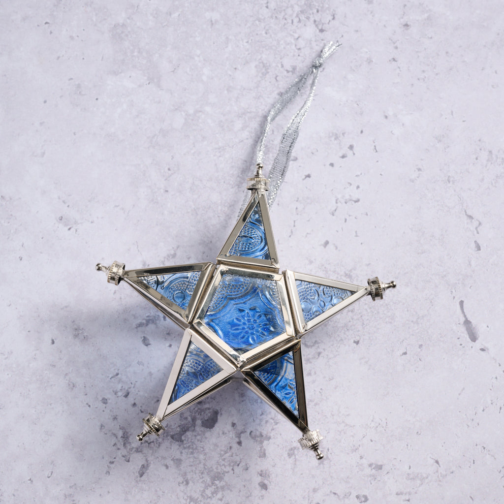 Ornament star candleholder br/glss 5L blu/silv