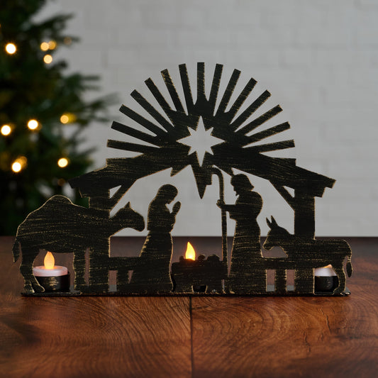 Nativity candleholder cutout iron 12Wx9H blk/gold