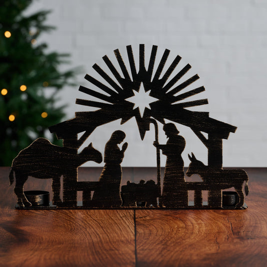 Nativity candleholder cutout iron 12Wx9H blk/gold
