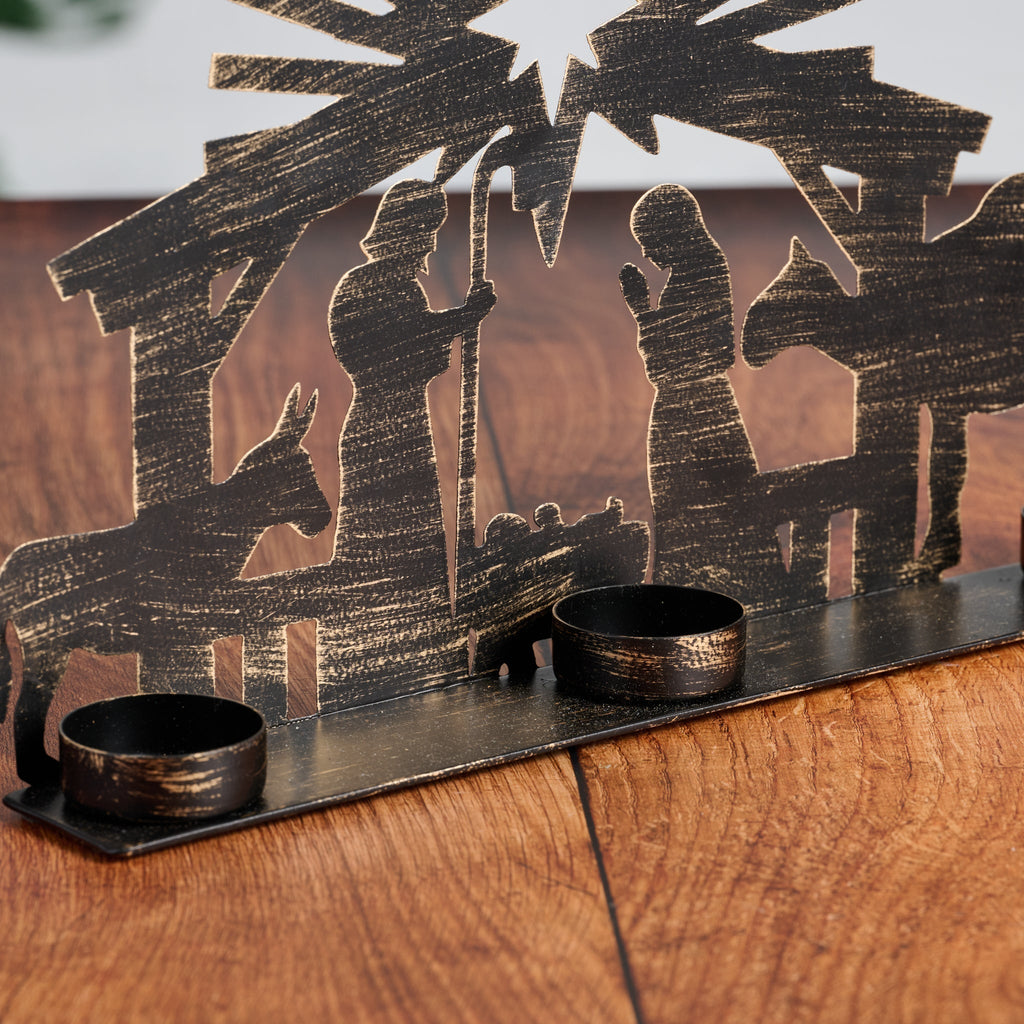 Nativity candleholder cutout iron 12Wx9H blk/gold