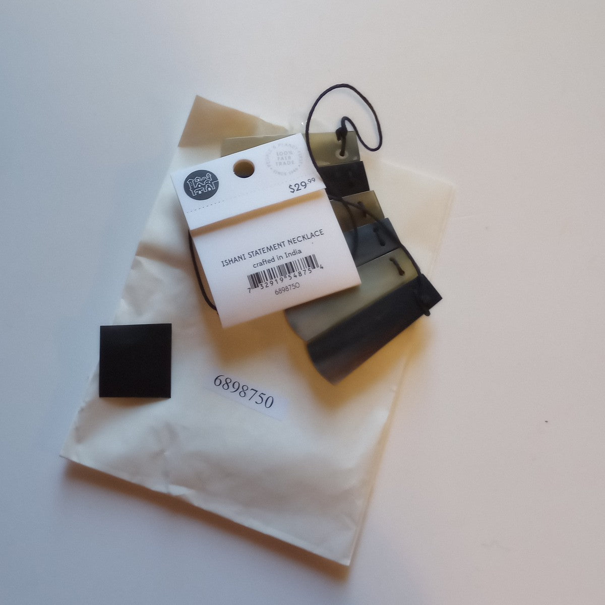 Necklace statement rect horn/cttn 16.5L brn/blk