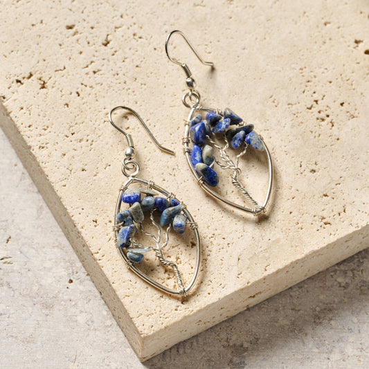 Lapis Stone Tree Drop Earrings