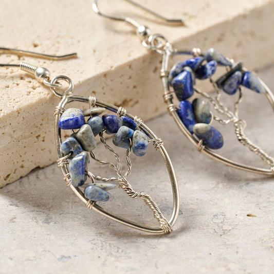 Lapis Stone Tree Drop Earrings