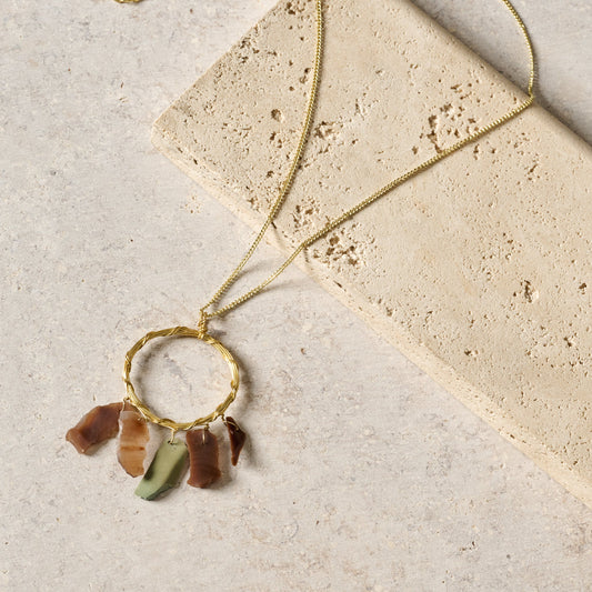 Necklace pendand rnd stone chip/br 22L gld/gry/brn