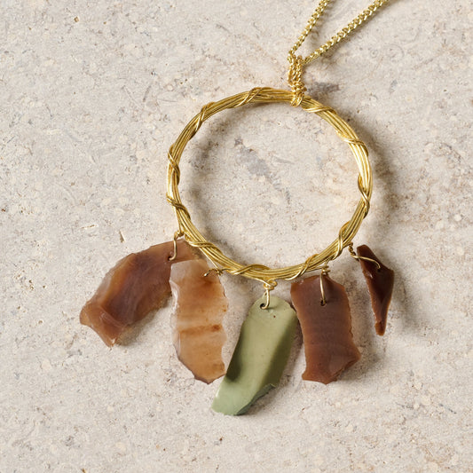 Necklace pendand rnd stone chip/br 22L gld/gry/brn