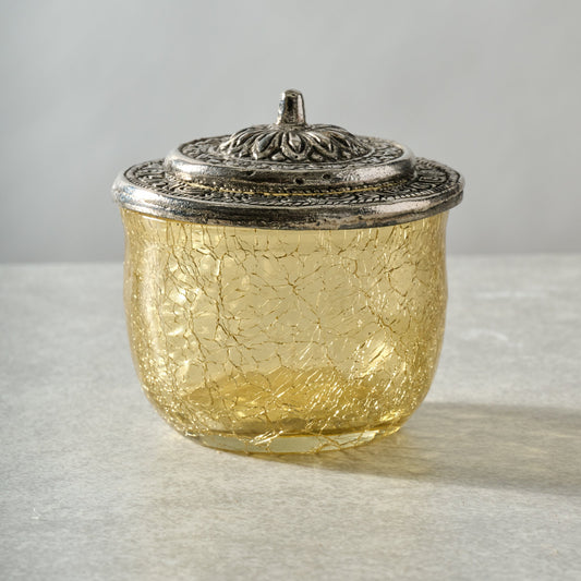 Jar with lid crackle glass/br 3Dx3H yellow/silver