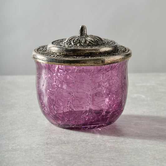 Jar with lid crackle glass/br 3Dx3H purple/silver